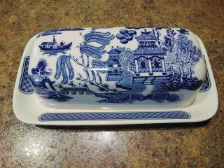 Vintage Churchill Japan Blue Willow Covered Butter Dish Pristine