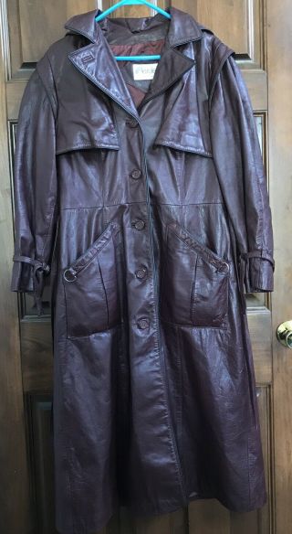 Lesoleil Womens Vintage Korea Leather Burgundy Long Duster Raincoat Jacket 15/16