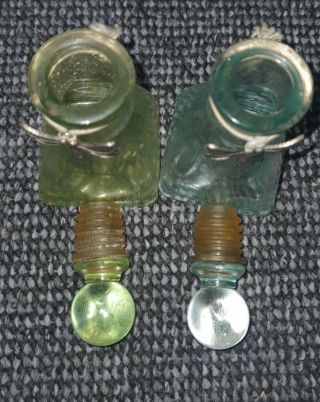 Vintage Antique Glass Green & Blue Rear Unusual Collared Top Perfume Bottles 2x