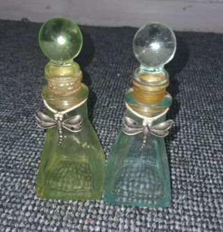 VINTAGE ANTIQUE GLASS GREEN & BLUE REAR UNUSUAL COLLARED TOP PERFUME BOTTLES 2x 2