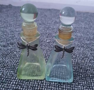 VINTAGE ANTIQUE GLASS GREEN & BLUE REAR UNUSUAL COLLARED TOP PERFUME BOTTLES 2x 3