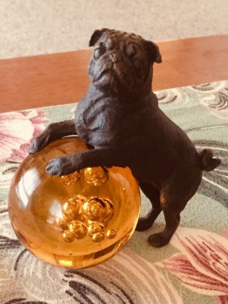 Vintage Pit Bull Cast Iron Dog Sitting On Glass Blown Ball Paperweight