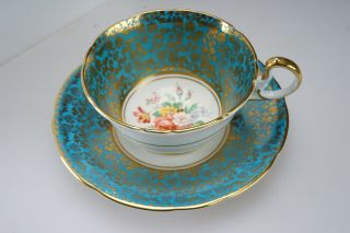 Fine Aynsley Aqua Turquoise Blue & Gold Tea Cup & Saucer Rose Flower Medallion