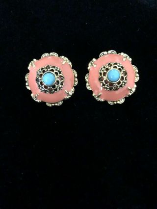 Vintage Joan Rivers Turquoise And Coral Enamel Earrings