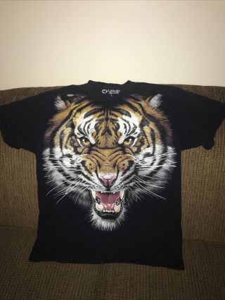 Vtg All Over Print Tiger Face Head T Shirt Trinity Liquid Blue Size Large