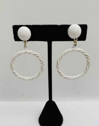 Vintage Monet Gold Tone White Enamel Hoop Earrings Clip On 2.  5 " Drop/dangle