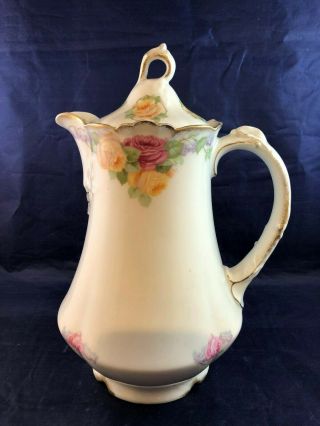 Antique Handpainted Thomas Bavaria Chocolate Pot Coffee Pot Pink & Yellow Roses