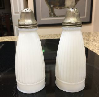 Vintage Milk Glass Salt & Pepper Shakers With Tops