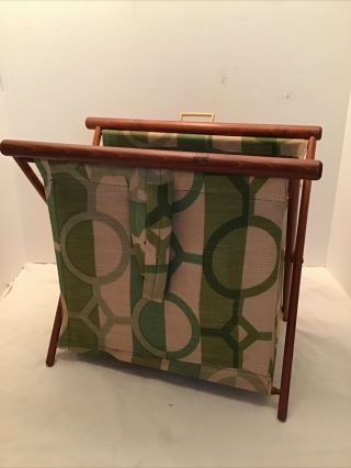 Vintage Geometric Knitting Sewing Basket W/ Folding Wood Frame Green Floral