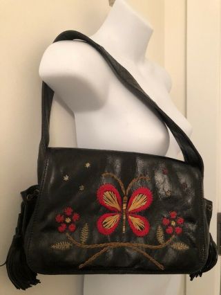 Vintage Francesco Biasia Embroidered Leather Bag Purse Butterfly Floral Tassle