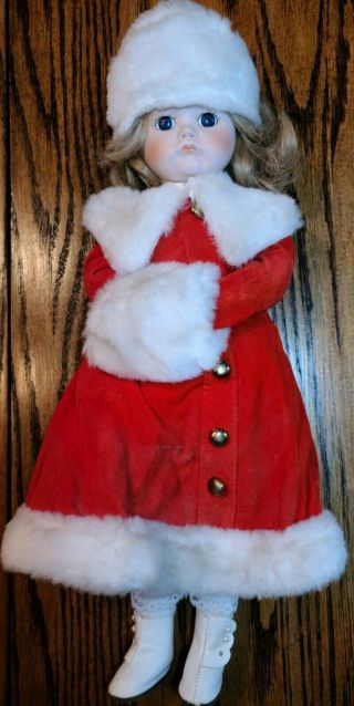 Vintage Porcelain Doll In Red Coat With Faux Fur