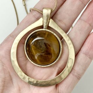 Vintage Large Tigers Eye Pendant Gold Tone 21” Necklace