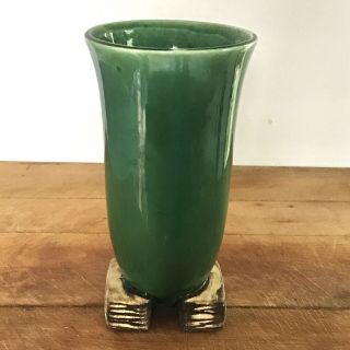Vintage Mccoy Pottery Green Vase Pedestal Line 8 " Simulated Wood Design