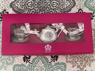 Royal Albert Polka Blue Ornaments Set/3 Mini Tea Service Country Roses