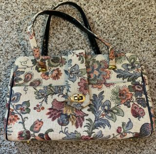 Vintage Retro Kadin Purse Handbag Tapestry Carpet Bag Floral Brass Accents Usa