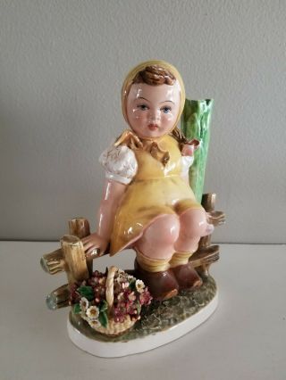 Vintage Signed C Mollica Italian Porcelain Girl on Fence Statue Figurine Vase 3
