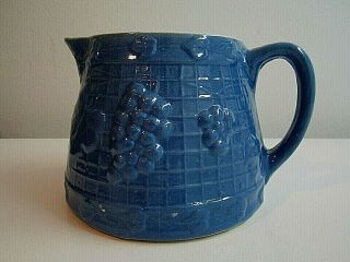 Antique Uhl Pottery Blue Stoneware Pitcher - - Grapes & Lattice - - Huntingburg,  Ind