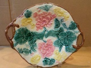 Hill Griffin Smith Etruscan Majolica 2 Handled Serving Plate Geraniums Antique