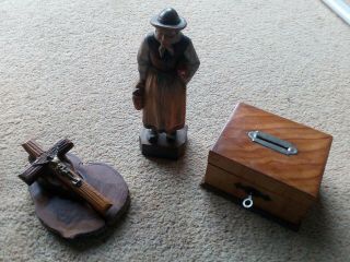 Vintage Wooden Items,  Money Box,  Carved Women And A Religious Cross