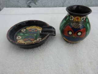 Vintage Thoune Steffisburg Vase Owl & Ashtray Swiss Majolica Folk Art Pottery