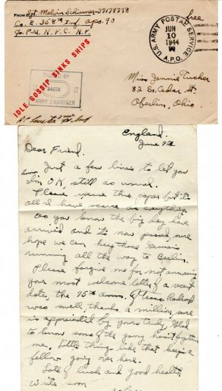 Wwii June 1944 D - Day,  1 90th Division Cover,  Letter Apo 90 Censored 358th Inf