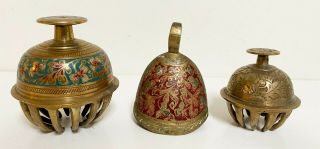 3 Antique / Old Vintage Brass Enameled Etched Elephant Claw Bells 3.  5 "