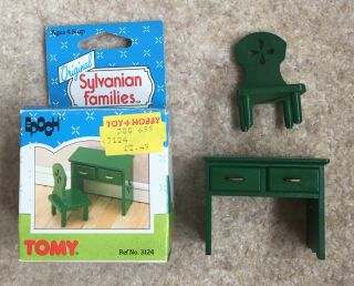 Vintage Sylvanian Families Epoch Dressing Table Chair Green Boxed Tomy 1980s