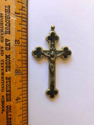Antique Brass & Onyx,  Bog Oak,  Vulcanite? Cross Crucifix Pendant