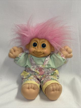 Vintage Russ Berrie 11 " Troll Soft Body Doll Floral Overalls Pink Hair Euc