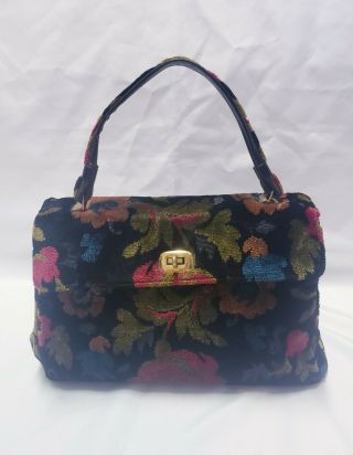 Vintage Garay Velvet Floral Tapestry Carpet Bag Handbag Purse W 5 Compartments
