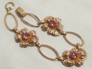Vintage Van Dell 1/20 12k Rose Gold Filled Pink Rhinestone Flower Link Bracelet