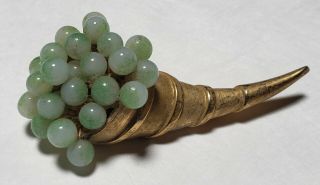 Vintage Jade Or Peking Glass Bead Cornucopia Pin