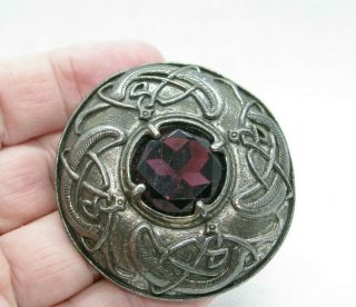 Vintage Signed Miracle Scottish Viking Celtic Amethyst Glass Shield Brooch Pin