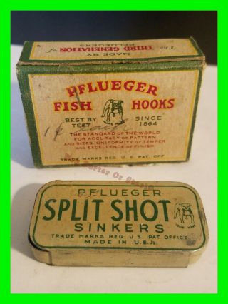 Antique Pflueger Fishing Lure Hooks With Orginal Box & Split Shot Sinkers W/ Tin
