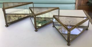 Vintage 3 Glass Brass Triangle Trinket Box Jewelry Box Etched Glass Footed