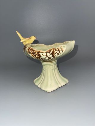 Mccoy Pottery - Green Pedestal Bird Bath Planter With Yellow Bird