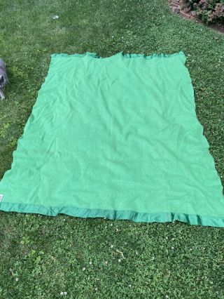 Vintage Kenwood Ramcrest Wool Blanket Green Satin Trim 67 X78 Inches