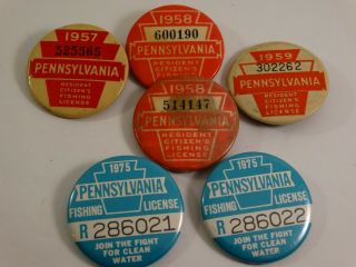 6 Vintage Pennsylvania Fishing License Button Pinback 1957 1958 1959 1975