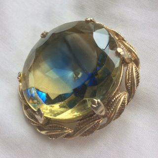Vintage Blue/gold Bi - Colour Faceted Glass Round Leaf Edged Goldtone Brooch
