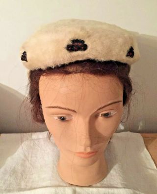 Vintage Ladies Church Hat White Faux Fur Hat W Bow & Beaded Crown Embellishments