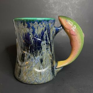 Rainbow Trout Coffee Mug Studio Art Pottery Ceramic Blue Drip Glaze Doug Wylie