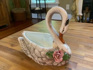 Vintage Capodimonte Hand Painted Swan & Rose Planter / Vase Made In Italy