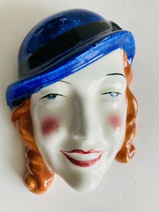Made In Japan Wall Pocket Art Deco Lady Head With Dark Blue Hat & Blush 4 X 3.  5”