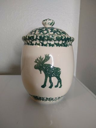 Tienshan Folk Craft Moose Country Canister Cookie Jar Green White Primitive