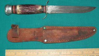 Vintage G.  C.  Co.  Stag Handle Knife 394 With Leather Sheath Hunting Fishing