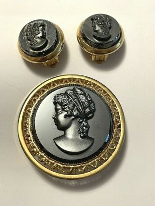 Vintage Black Glass Cameo Brooch Pin And Clip Earring Set