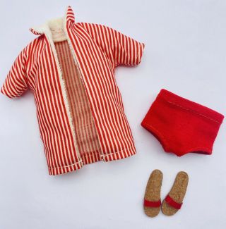 Vintage 1960’s Barbie Ken Red And White Striped Coverup Red Swimsuit And Sandals