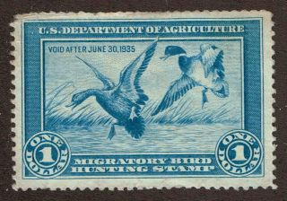 Rw 1 Us Fed Duck Stamp Migratory Bird Hunting License 1934.  F.  Crease Ul
