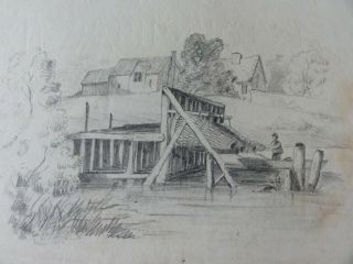 An Antique Old Pencil Drawing,  Picture Of A Village,  River,  Man In A Boat