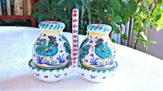 Deruta Sorrento Salt And Pepper Shakers W/caddy Hand Painted Roosters Flowers